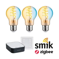 Preisattraktives Starterset Zigbee 3.0 - LED Birne Filament E27 Tunable White + Gateway smik + Schalter